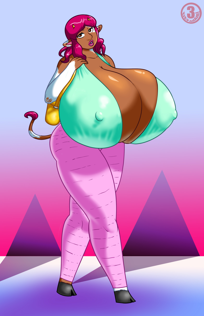 absurd_res big_breasts bovid bovine breasts cattle chooy64 cleavage clothed clothing female hi_res huge_breasts hyper hyper_breasts luigi64 mammal purse solo