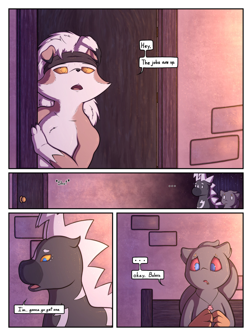 ... 007delta 2019 absurd_res banette bed blush bolero_delatante canid canine comic detailed_background dialogue digital_media_(artwork) dominic_armois door english_text equid female feral ghost group hi_res inside lycanroc male mammal mia_perella midnight_lycanroc nintendo onomatopoeia open_mouth pok&eacute;mon pok&eacute;mon_(species) pok&eacute;mon_mystery_dungeon sound_effects spirit sunlight text video_games wanderlust zebstrika