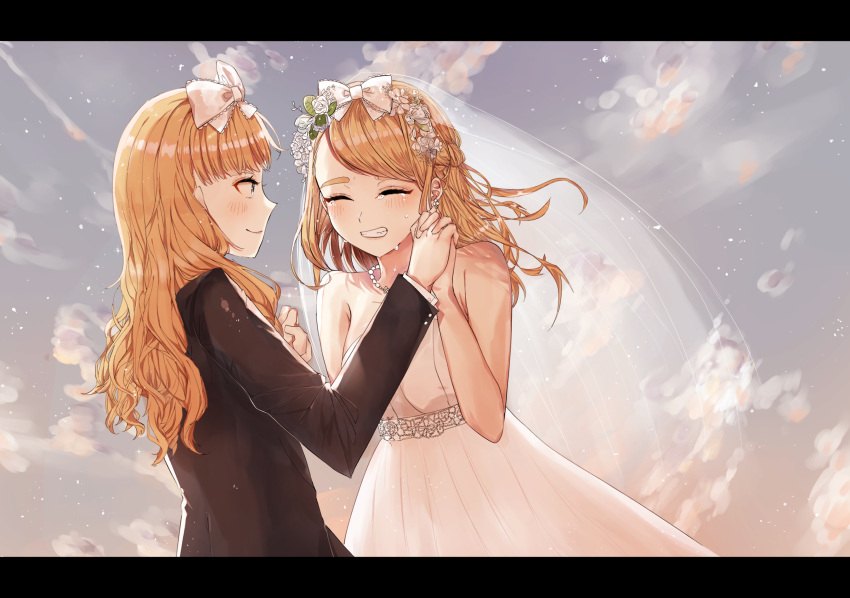 2girls af_(user_hcyy5587) bangs blonde_hair bow bridal_veil bride dress eyes_closed flower gown hair_bow hand_holding highres incest jessica_(jinrou_judgment) jewelry jinrou_judgment long_hair multiple_girls necklace open_mouth outdoors sandra_(jinrou_judgment) siblings sisters sky smile strapless strapless_dress tears tuxedo twincest twins veil wedding_dress white_dress wife_and_wife
