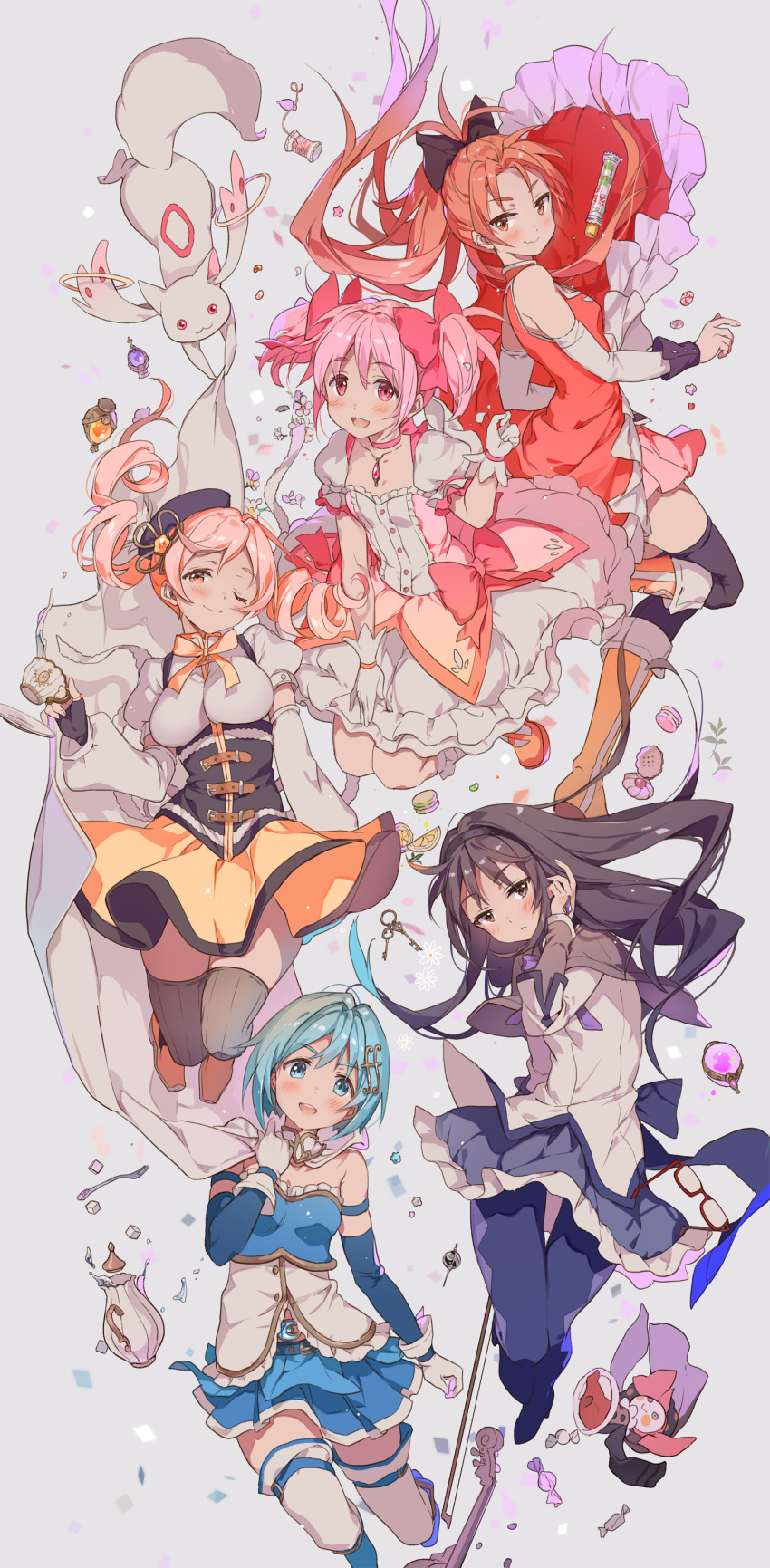 5girls :d ;) absurdres akemi_homura argyle argyle_legwear beret black_eyes black_gloves black_hair black_hairband black_ribbon blonde_hair blue_eyes blue_hair blue_skirt blush boots bow_(instrument) breasts bubble_skirt candy cape charlotte_(madoka_magica) choker commentary_request cookie cup dessert detached_sleeves drill_hair expressionless eyebrows_visible_through_hair eyewear_removed falling feet_out_of_frame fingerless_gloves flat_chest floating floating_hair food fork fortissimo fortissimo_hair_ornament frilled_skirt frills fruit full_body glasses gloves grey_background grief_seed hair_ornament hairband hairclip half-closed_eyes hand_on_own_face happy hat head_tilt highres holding holding_cup hoshii_hisa instrument kaname_madoka key knees_together_feet_apart kyubey lemon lemon_slice long_hair looking_away macaron mahou_shoujo_madoka_magica medium_breasts miki_sayaka multiple_girls music one_eye_closed open_mouth parted_lips pink_eyes pink_hair pink_ribbon puffy_short_sleeves puffy_sleeves purple_legwear purple_ribbon red_eyes red_hair ribbon ribbon_choker ribbon_hair sakura_kyouko saucer short_hair short_sleeves short_twintails simple_background single_glove skirt skirt_lift smile soul_gem sugar_cube sweets teacup teapot thighhighs tomoe_mami twintails upper_teeth violin wavy_mouth white_gloves yellow_eyes yellow_ribbon