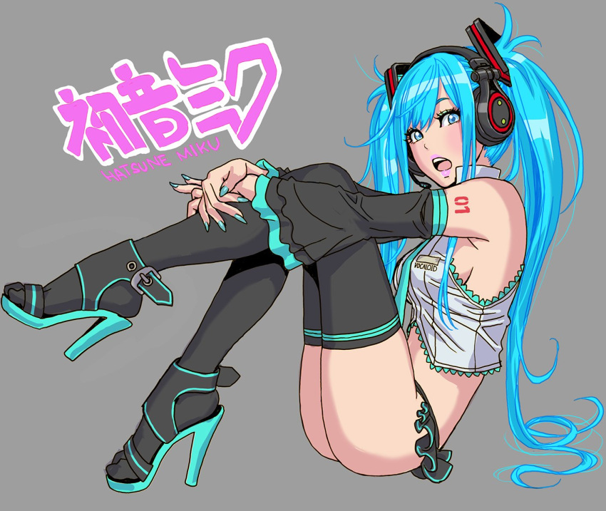 1girl aqua_eyes aqua_hair aqua_nails bangs bare_shoulders black_legwear breasts character_name commentary_request detached_sleeves fingernails frills full_body hair_ornament hatsune_miku headphones headset high_heels lips long_hair looking_at_viewer medium_breasts midriff miniskirt nail_polish necktie open_mouth shiny shiny_hair simple_background sitting skirt sleeveless solo tattoo thighhighs thighs twintails vocaloid wide_sleeves yamashita_shun'ya