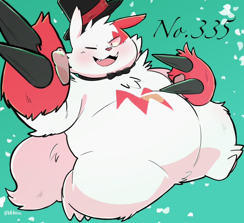 2019 anthro belly blush hat male nintendo one_eye_closed overweight overweight_male pok&eacute;mon pok&eacute;mon_(species) simple_background solo uokkom video_games wink zangoose zangoose_day