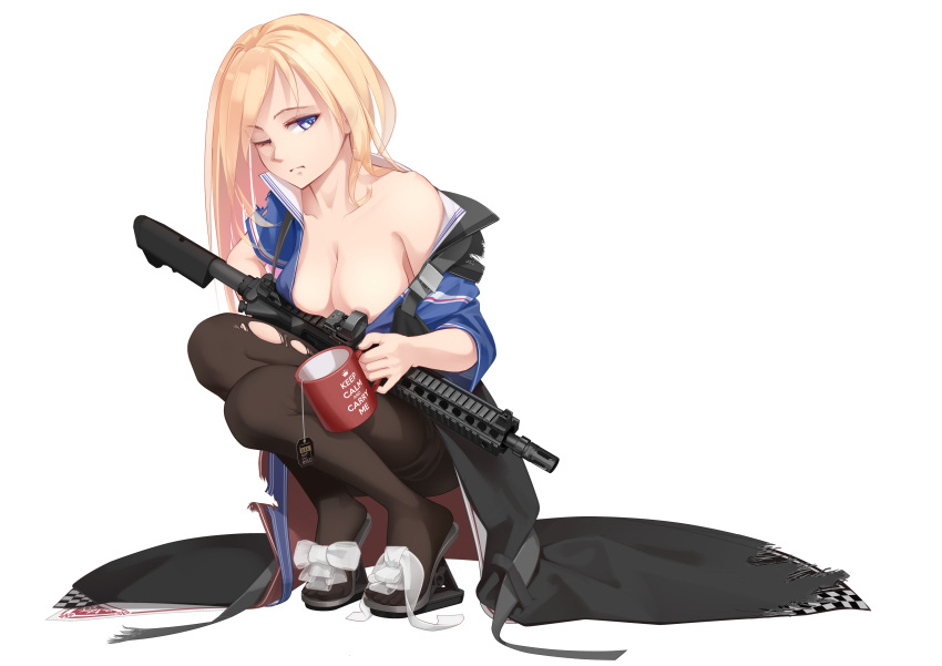 1girl absurdres areola_slip areolae assault_rifle blonde_hair blue_eyes breasts cleavage cup english_text full_body gun highres holding holding_gun holding_weapon keep_calm_and_carry_on long_hair looking_to_the_side mug off_shoulder one_eye_closed original rifle solo squatting teabag thighhighs torn_clothes torn_legwear vectorek weapon weapon_request white_background