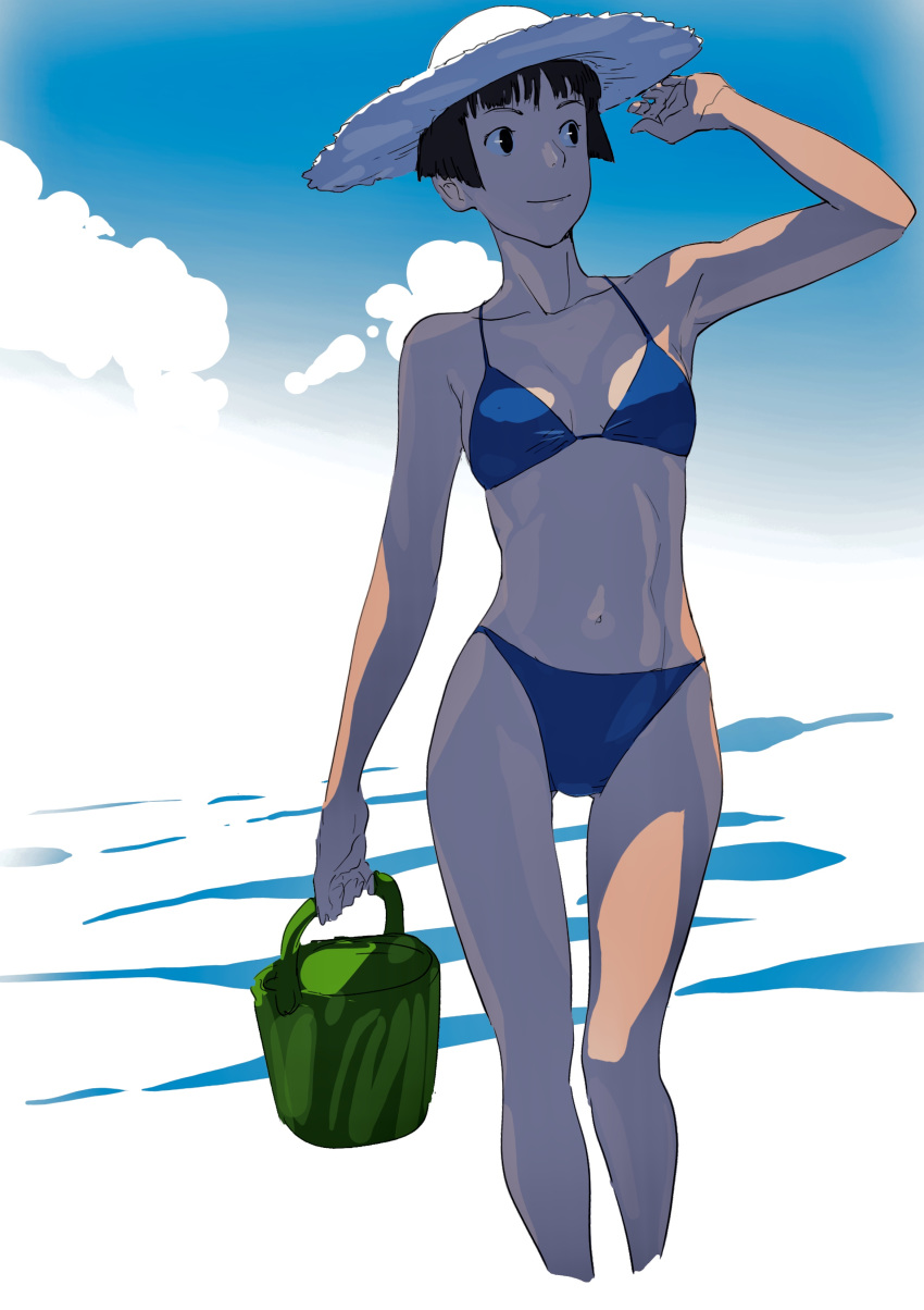 1girl absurdres bikini black_eyes black_hair blue_bikini blue_sky breasts bucket cloud collarbone commentary_request day feet_out_of_frame gradient_sky hat highres lisa_(ponyo) looking_to_the_side navel ocean original outdoors short_hair sky small_breasts solo standing straw_hat swimsuit tombiiwa