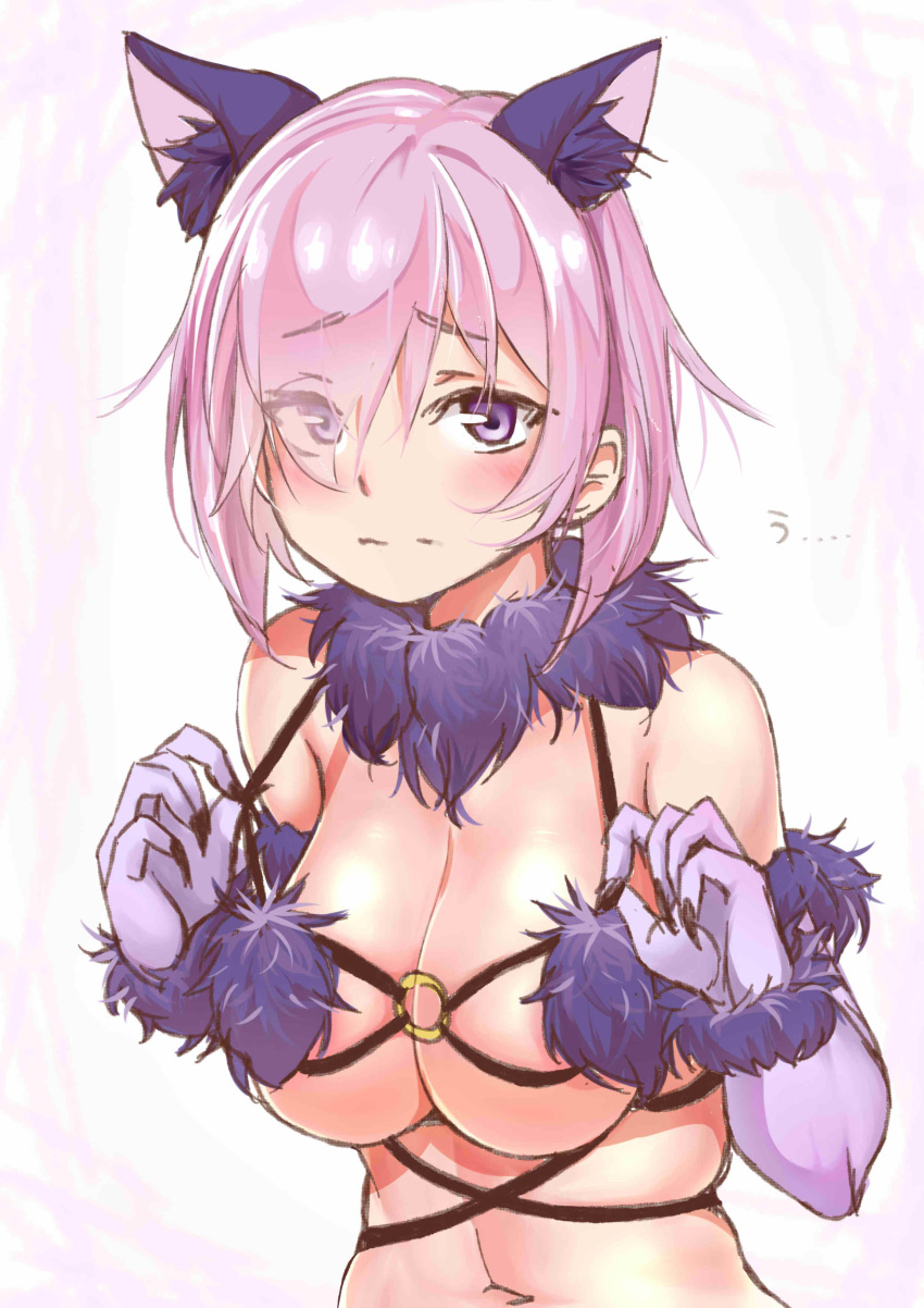 1girl absurdres animal_ear_fluff animal_ears blush breasts closed_mouth dangerous_beast elbow_gloves eyebrows_visible_through_hair eyes_visible_through_hair fake_animal_ears fate/grand_order fate_(series) fur-trimmed_gloves fur_collar fur_trim furrowed_eyebrows gloves hair_over_one_eye halloween_costume hands_up highres large_breasts lavender_hair looking_at_viewer mash_kyrielight o-ring purple_eyes purple_gloves revealing_clothes short_hair solo togin upper_body wolf_ears