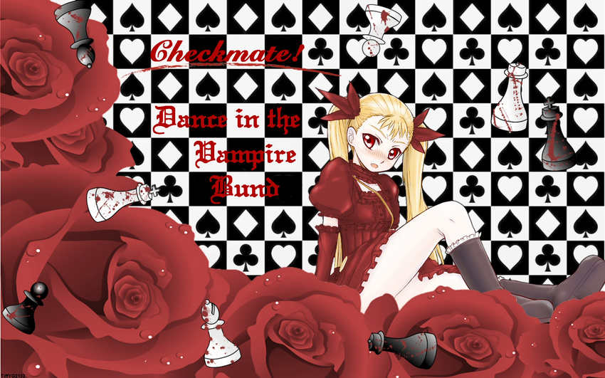 blonde_hair blush boots choker dance_in_the_vampire_bund dress elbow_gloves fang gloves highres loli mina_tepes open_mouth red_eyes ribbon twintails wallpaper