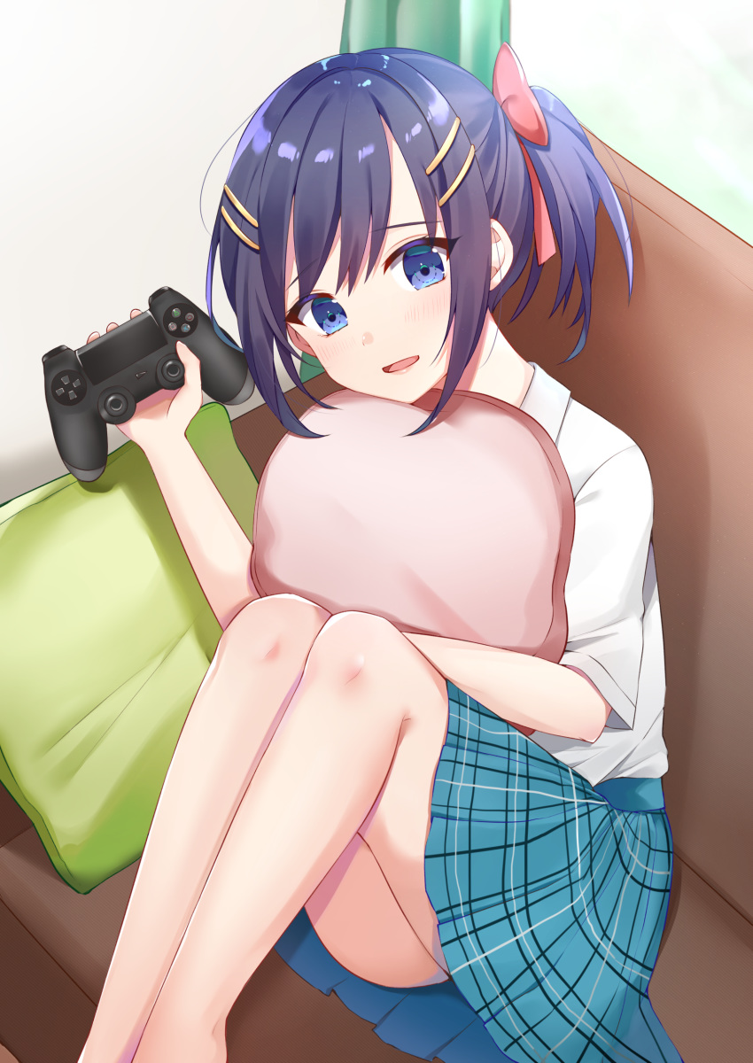 1girl absurdres ass bare_legs barefoot blue_eyes blue_hair blue_skirt blush collared_shirt commentary_request couch curtains hair_ornament hair_ribbon hairclip hand_up highres holding itoi_toi knees_up long_hair looking_at_viewer miniskirt original pillow pink_ribbon plaid plaid_skirt playstation_controller ponytail ribbon shirt short_sleeves sidelocks sitting skirt solo thighs white_shirt