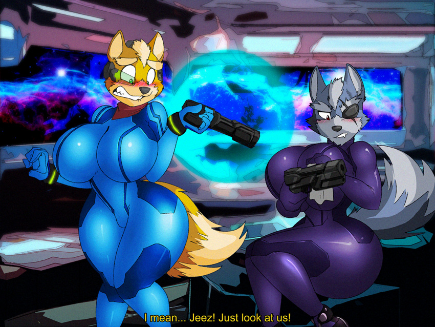 4:3 anthro blush breasts canid canine canis crossgender dracojeff duo female fox fox_mccloud gun mammal metroid nintendo ranged_weapon star_fox teeth text video_games weapon wolf wolf_o'donnell zero_suit