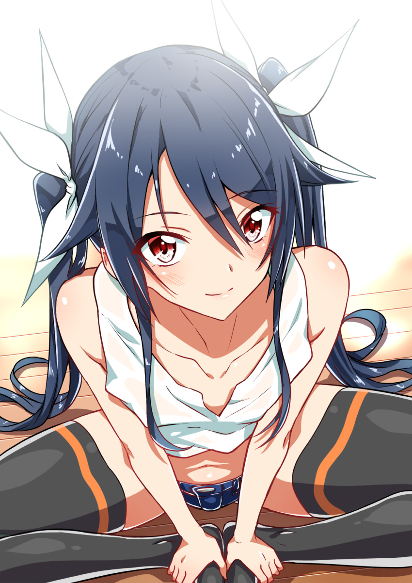 1girl bangs bare_arms bare_shoulders black_hair black_legwear blue_shorts butterfly_sitting closed_mouth collarbone commentary_request denim denim_shorts eyebrows_visible_through_hair flat_chest from_above hair_between_eyes hair_ribbon hands_on_own_feet highres long_hair looking_at_viewer navel on_floor ore_twintail_ni_narimasu red_eyes ribbon shiny shiny_hair shorts sidelocks sitting sitting_on_floor smile solo swept_bangs thighhighs tsube_aika twintails very_long_hair white_ribbon white_tank_top wooden_floor yuto_(dialique)