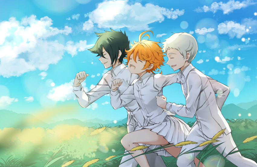 1girl 2boys :d ahoge blonde_hair blue_sky closed_eyes cloud collared_shirt day dress_shirt emma_(yakusoku_no_neverland) from_side grass green_hair lens_flare long_sleeves melings_(aot2846) miniskirt multiple_boys norman_(yakusoku_no_neverland) open_mouth outdoors pants pleated_skirt ray_(yakusoku_no_neverland) running shirt short_hair silver_hair skirt sky smile white_pants white_shirt white_skirt wing_collar yakusoku_no_neverland