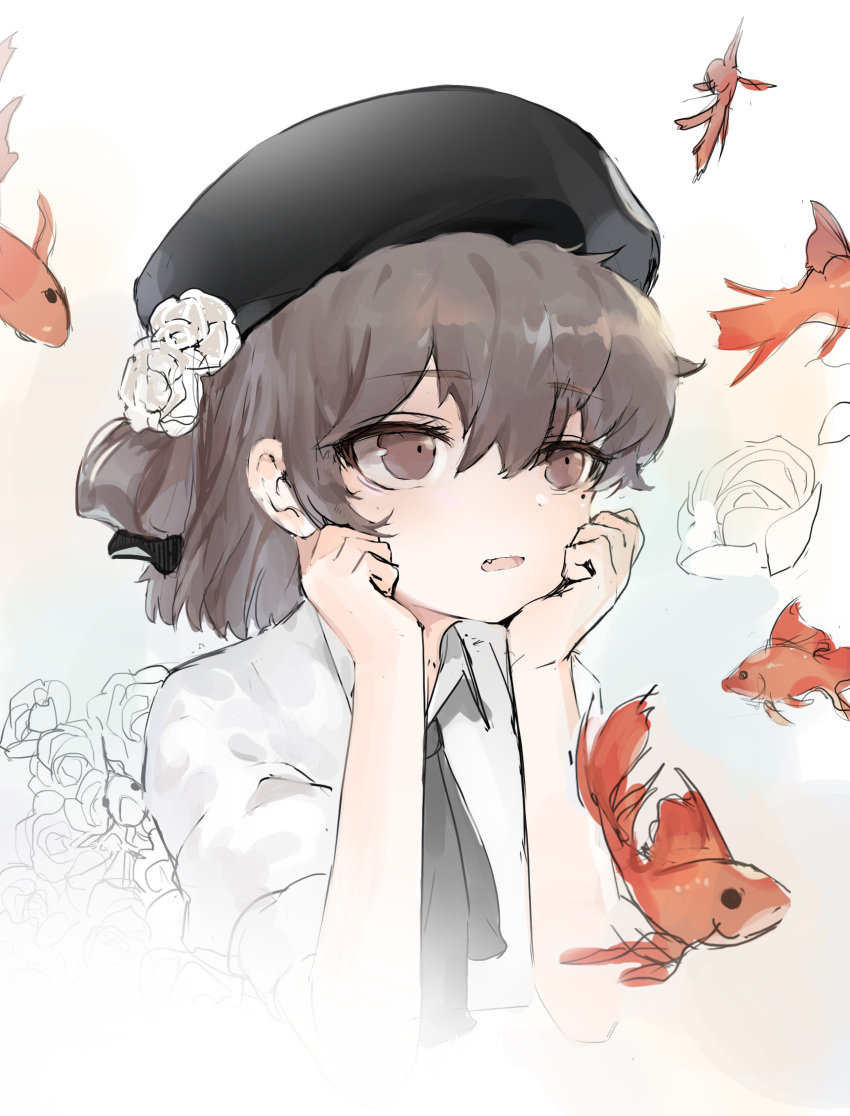 1girl bangs beret black_headwear black_neckwear blush brown_eyes brown_hair collared_shirt commentary_request dokomon eyebrows_visible_through_hair fang fish flower goldfish hair_between_eyes hair_flower hair_ornament hair_rings hands_up hat hatoba_tsugu hatoba_tsugu_(character) highres korean_commentary looking_away mole mole_under_eye open_mouth rose shirt short_sleeves solo virtual_youtuber white_flower white_rose white_shirt