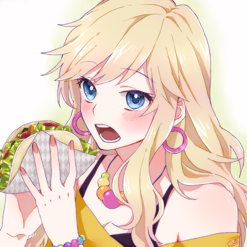 1girl artist_request bare_shoulders blonde_hair blue_eyes blush breasts cleavage commentary_request earrings eyebrows_visible_through_hair face food highres holding holding_food idolmaster idolmaster_cinderella_girls jewelry long_hair looking_at_viewer nail_polish necklace ootsuki_yui open_mouth pink_nails shirt solo taco teeth wristband yellow_shirt