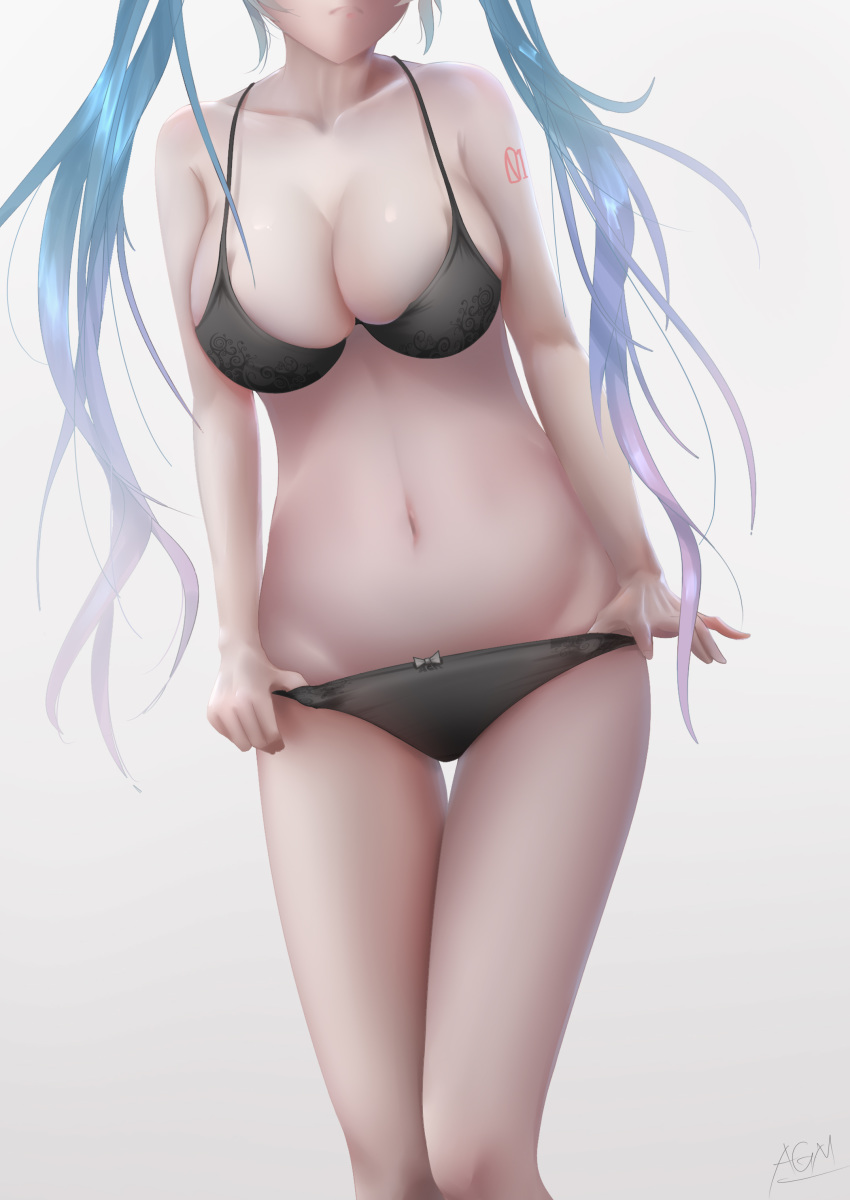 1girl absurdres artist_name black_bra black_panties bow bow_panties bra breasts cleavage collarbone frown groin hatsune_miku head_out_of_frame highres large_breasts long_hair navel omone_hokoma_agm panties panty_tug partially_blind solo strap_gap tattoo thigh_gap thighs twintails underwear vocaloid white_background