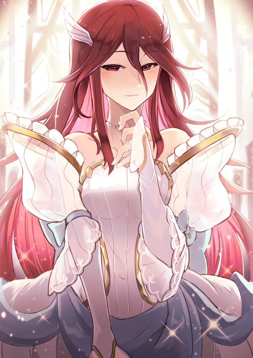 1girl bare_shoulders blush bouquet bridal_veil bride dress elbow_gloves fire_emblem fire_emblem:_kakusei fire_emblem_heroes flower gloves hair_flower hair_ornament highres long_hair looking_at_viewer nakabayashi_zun red_eyes red_hair smile solo strapless strapless_dress tiamo tiara veil wedding_dress white_dress white_gloves