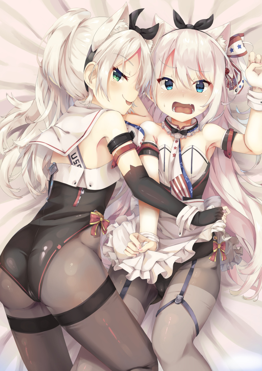 2girls animal_ears apron arm_warmers armpits azur_lane blush breasts bunny_ears bunny_girl bunnysuit cameltoe cat_ears commentary_request fake_animal_ears green_eyes hair_between_eyes hair_ribbon hammann_(azur_lane) highres long_hair looking_at_viewer lying multiple_girls open_mouth pantyhose ribbon sims_(azur_lane) sleeveless small_breasts tongue tongue_out zhen_jian