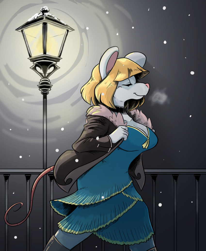 blonde_hair blue_clothing blue_dress clothing dress female fur hair hi_res jacket mammal mouse murid murine pink_nose rodent snow solo street_lamp topwear unknown_artist white_fur