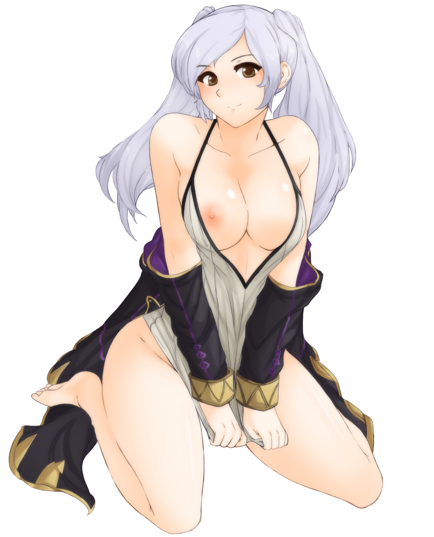 1girl bare_shoulders blush bottomless breasts coat collarbone covering covering_crotch feet female_my_unit_(fire_emblem:_kakusei) fire_emblem fire_emblem:_kakusei happy highres hip_focus large_breasts looking_at_viewer my_unit_(fire_emblem:_kakusei) nipples no_panties no_shoes seiza shirt_pull sitting smile soles solo spaghetti_strap teasing thighs transparent_background tridisart twintails white_hair yellow_eyes