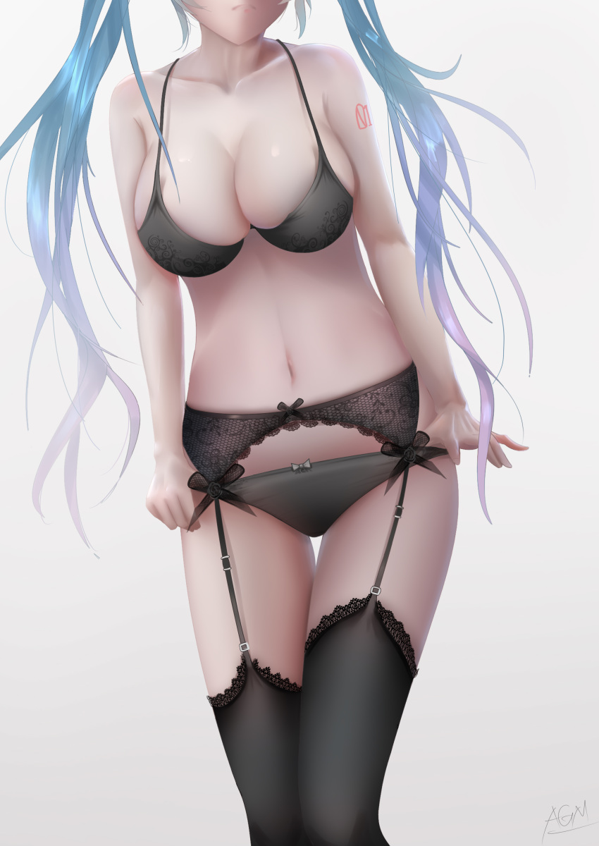 1girl absurdres artist_name black_bra black_panties bow bow_panties bra breasts cleavage collarbone frown garter_belt garter_straps groin hatsune_miku head_out_of_frame highres lace lace-trimmed_garter_belt lace-trimmed_legwear large_breasts long_hair navel omone_hokoma_agm panties panty_tug partially_blind solo strap_gap tattoo thigh_gap thighhighs thighs twintails underwear vocaloid white_background