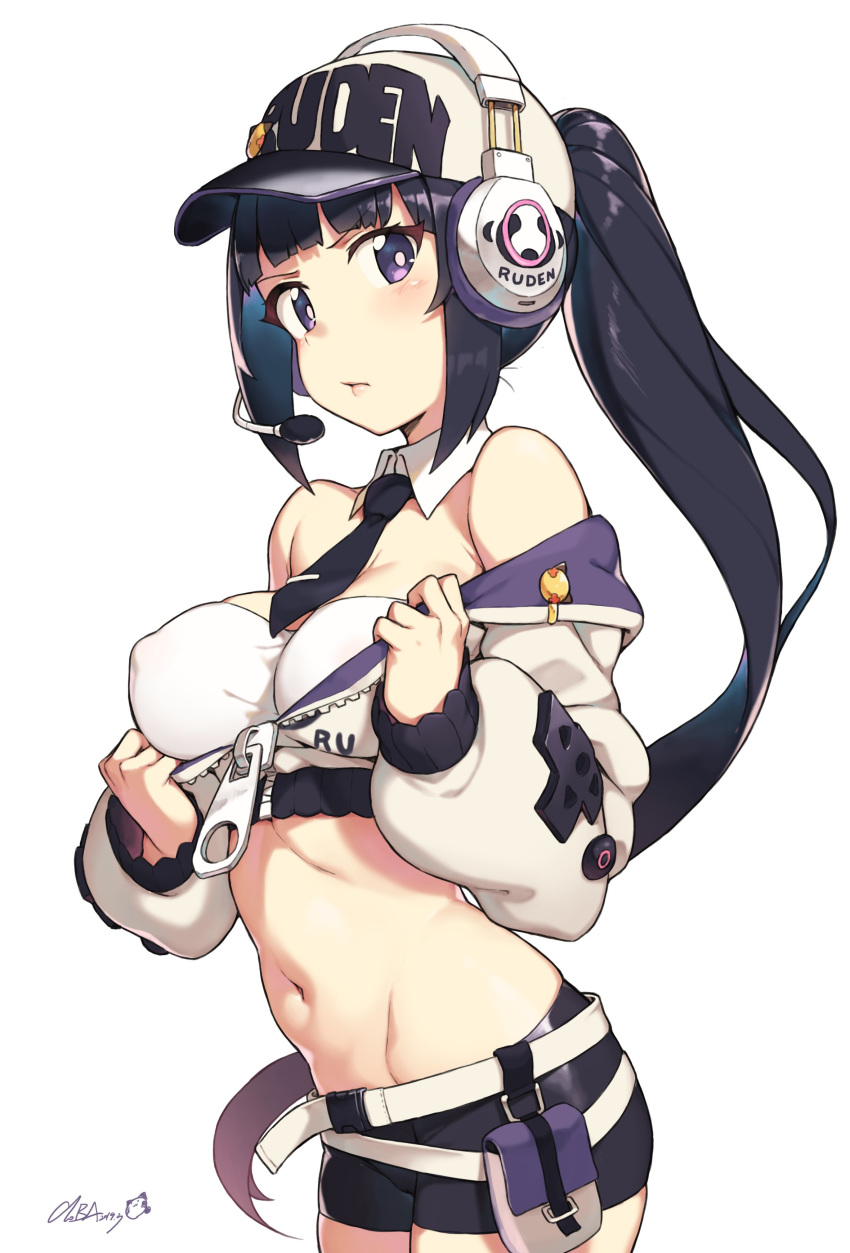 1girl absurdres artist_name bare_shoulders baseball_cap black_hair breasts bright_pupils cleavage cloba closed_mouth commentary_request covered_nipples cowboy_shot crop_top detached_collar hat headphones headset highres impossible_clothes impossible_shirt lanmei large_breasts long_hair looking_at_viewer midriff mini_necktie navel off_shoulder original ponytail purple_eyes shirt short_shorts shorts sidelocks signature simple_background solo strapless tubetop very_long_hair white_background zipper
