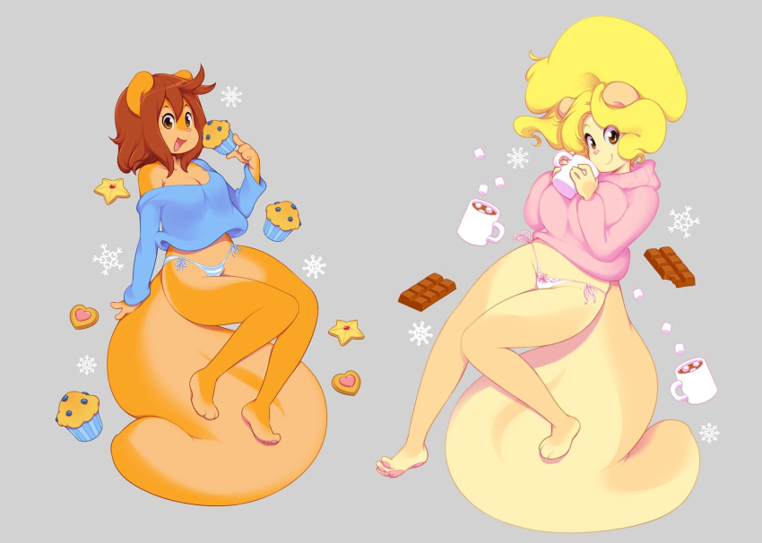 3_toes 4_fingers barefoot beverage big_tail blonde_hair breasts brown_eyes brown_hair chocolate_bar cleavage clothed clothing cookie cream_(miu) female food fur grey_background hair hi_res hindpaw holding_object hot_cocoa huge_tail long_tail looking_at_viewer mammal markings miu muffin multicolored_fur multiple_images orange_fur panties pawpads paws peaches_(miu) pink_clothing pink_nose pink_pawpads ponytail rodent sciurid simple_background snowflake socks_(marking) sweater tan_fur toes topwear tree_squirrel two_tone_fur underwear yellow_eyes