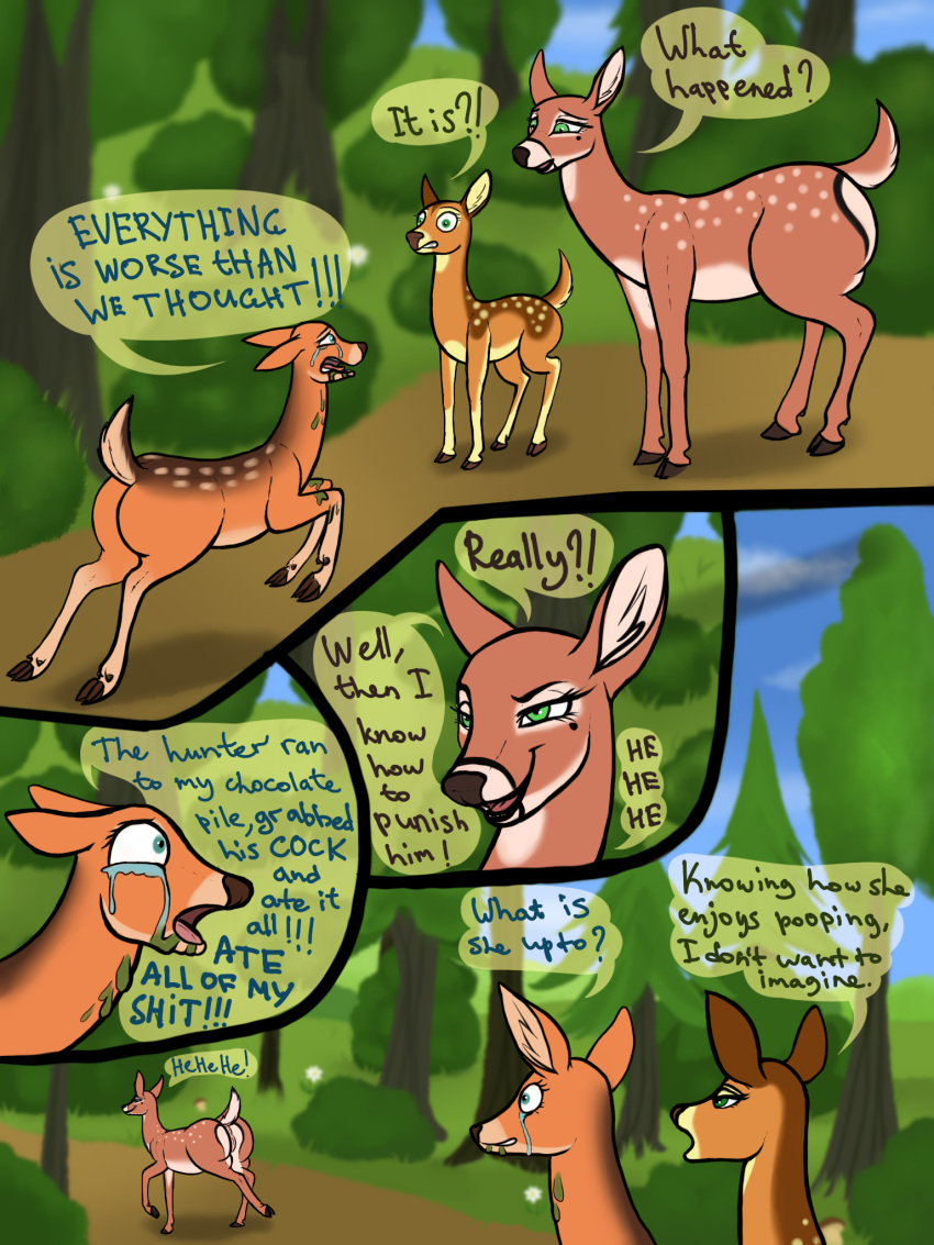 animal_genitalia animal_pussy anus cervid comic coprophilia crying diarrhetical_doe doe fear feces female green_eyes hi_res hooves hunter_and_deers mammal panic pussy raised_tail scat tears vomit xyi