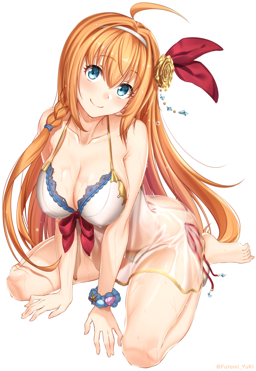 1girl ahoge artist_name bangs bare_arms bare_shoulders barefoot bead_bracelet beads between_legs bikini blue_eyes blush bracelet braid breasts clam_shell cleavage closed_mouth collarbone feet flower full_body futami_(mg42fw190d) hair_between_eyes hair_flower hair_ornament hair_ribbon hairband halterneck head_tilt highres jewelry large_breasts long_hair looking_at_viewer orange_hair pecorine princess_connect! princess_connect!_re:dive red_ribbon revision ribbon see-through side-tie_bikini simple_background sitting smile solo star swimsuit thighs twitter_username very_long_hair wariza water wet white_background white_bikini yellow_flower