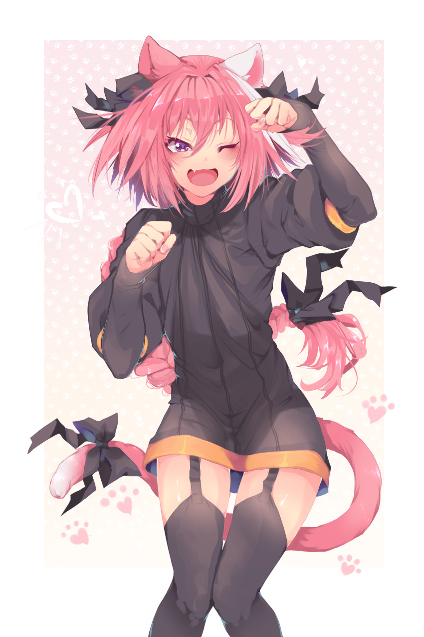 1boy ;d absurdres animal_ears arm_warmers astolfo_(fate) black_legwear black_ribbon black_sweater cat_ears cat_tail clenched_hands dress fang fate/apocrypha fate/grand_order fate_(series) garter_straps gradient gradient_background hair_between_eyes hair_ribbon heart highres knees_together_feet_apart long_braid long_hair multicolored_hair one_eye_closed open_mouth otoko_no_ko outside_border paw_background paw_pose pink_background pink_hair pink_tail puffy_sleeves purple_eyes ribbon skin_fang smile solo srinitybeast standing streaked_hair sweater sweater_dress tail tail_ribbon thighhighs very_long_hair white_background white_hair