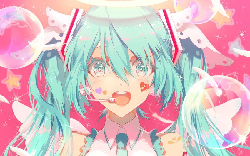 1girl :d angel_wings bare_shoulders blue_eyes blue_hair blue_neckwear bubble close-up eighth_note electric_angel_(vocaloid) eyelashes face facepaint feathers frills hair_between_eyes happy hatsune_miku headset heart looking_at_viewer musical_note necktie open_mouth pink_background round_teeth saihate_(d3) shirt simple_background sleeveless sleeveless_shirt smile solo sparkle sparkle_background star starry_background teeth twintails upper_body upper_teeth vocaloid white_shirt wings