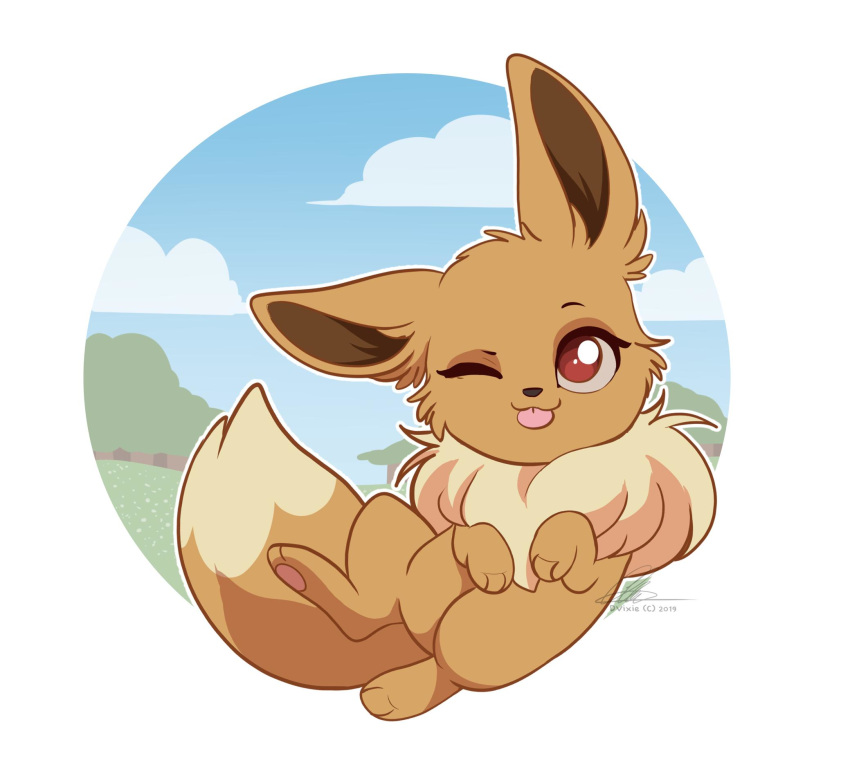 2019 ambiguous_gender black_nose brown_eyes brown_fur d_vixie dennyvixen digital_media_(artwork) eevee feral fur hi_res nintendo paws pok&eacute;mon pok&eacute;mon_(species) smile solo tongue video_games