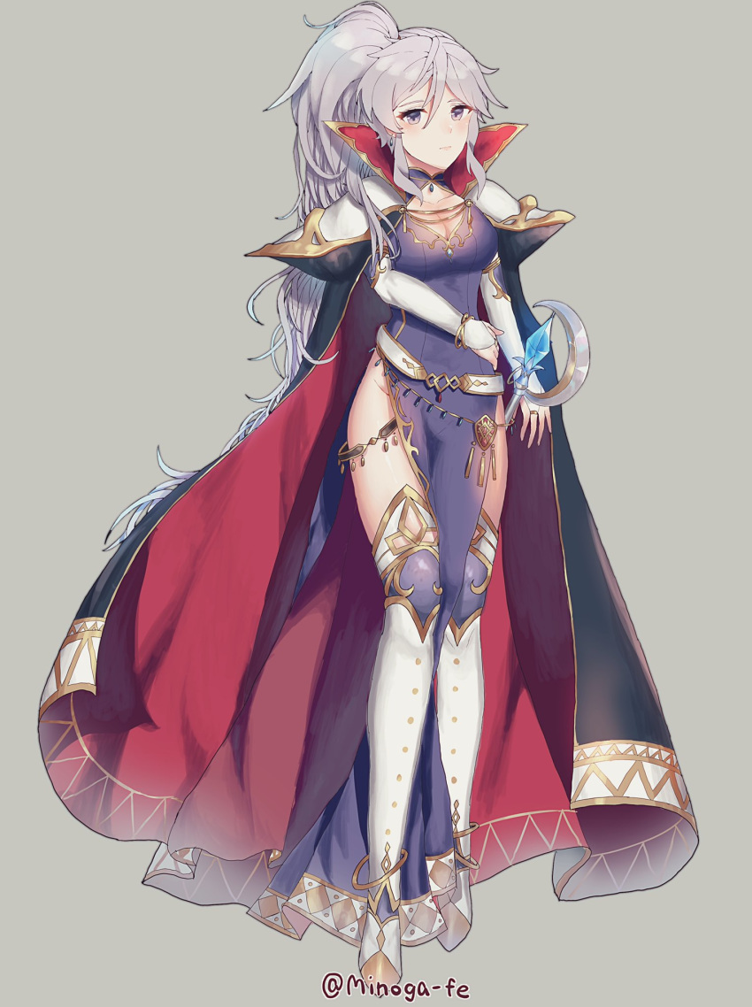 1girl belly_chain boots breasts cape cleavage collarbone dress earrings elbow_gloves expressionless fire_emblem fire_emblem:_seisen_no_keifu full_body gloves grey_background groin highres ishtar_(fire_emblem) jewelry long_hair long_ponytail medium_breasts minomusha pauldrons pelvic_curtain ponytail purple_eyes side_ponytail side_slit sidelocks silver_hair simple_background solo thigh_boots thighhighs twitter_username very_long_hair