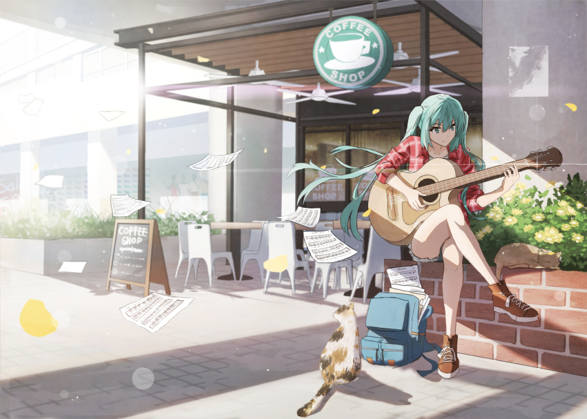 1girl acoustic_guitar aqua_eyes aqua_hair backpack bag blurry_foreground brick_wall bush cat ceiling_fan coffee commentary crossed_legs cup day english_commentary full_body guitar hatsune_miku highres huge_filesize instrument lens_flare long_hair music outdoors paper petals plaid plaid_shirt playing_instrument red_shirt scenery shadow sheet_music shirt shoes shop shorts sign sitting smile sneakers star sunlight symbol_commentary twintails very_long_hair vocaloid zhenyuann
