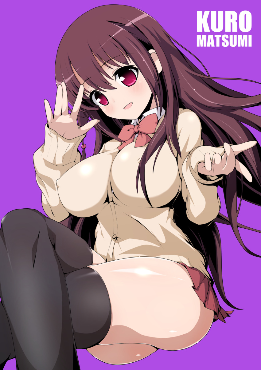 1girl achiga_school_uniform black_legwear blush breasts brown_hair cardigan highres large_breasts long_hair matsumi_kuro miniskirt no_panties open_mouth ribbon saki saki_achiga-hen school_uniform skirt smile solo thighhighs uniform xiao_rui_rui