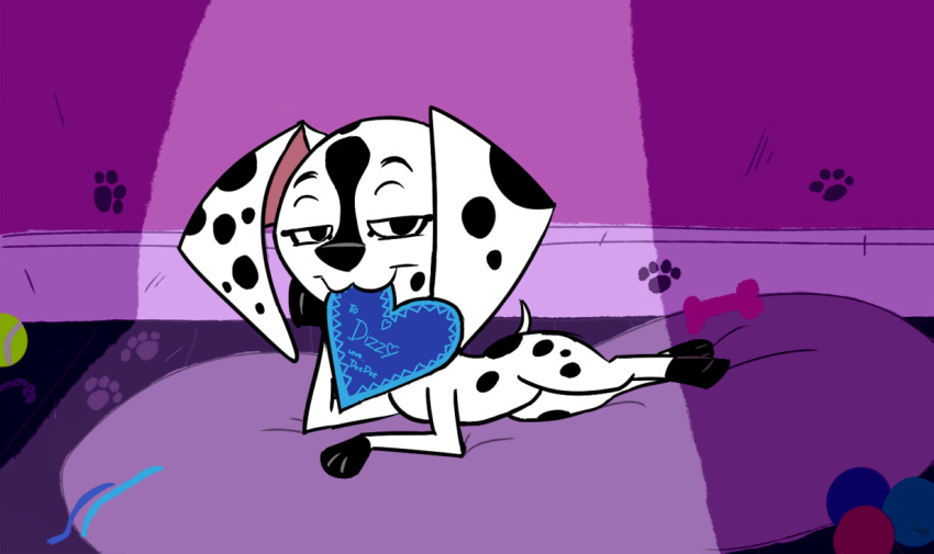 101_dalmatian_street 101_dalmatians 2019 bedroom_eyes canid canine canis card dalmatian dee_dee_(101_dalmatians) disney domestic_dog female feral half-closed_eyes holidays looking_at_viewer mammal object_in_mouth pillow seductive smile solo spots valentine's_day whitewolf20xx young