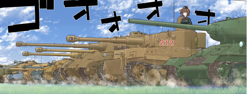 1girl annotation_request bangs black_headwear black_jacket blue_sky brown_eyes brown_hair closed_mouth cloud cloudy_sky day dress_shirt emblem frown garrison_cap girls_und_panzer girls_und_panzer_gekijouban grass ground_vehicle hat highres inou_takashi insignia jacket jagdpanzer_38(t) kuromorimine_military_uniform long_sleeves military military_hat military_uniform military_vehicle motion_blur motor_vehicle nishizumi_maho ooarai_(emblem) outdoors partially_annotated red_shirt shirt short_hair sky tank tiger_i tiger_ii uniform vehicle_request wing_collar