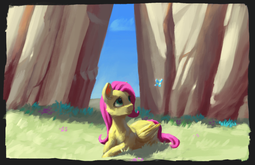 arthropod butterfly detailed_background eqlipse_(artist) equid equine female fluttershy_(mlp) friendship_is_magic horse insect lepidopteran mammal my_little_pony painterly pony pterippus