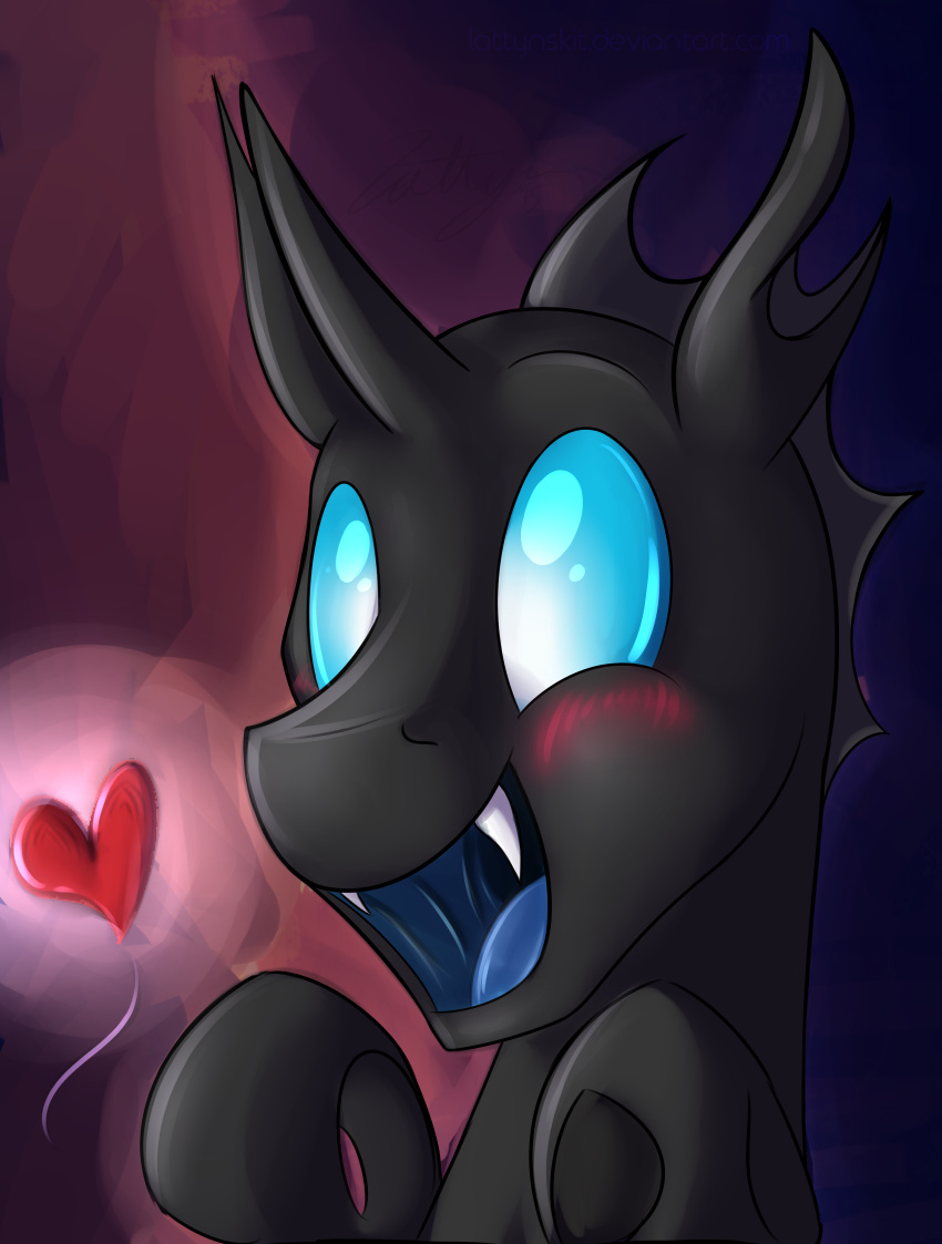 &lt;3 absurd_res blue_eyes blush changeling dripponi fangs happy hi_res horn my_little_pony solo