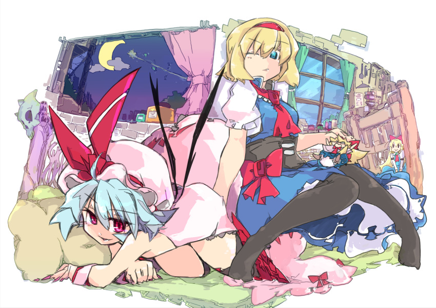 2girls alice_margatroid beru black_legwear blonde_hair blue_eyes blue_hair bow cloud commentary_request crescent_moon curtains doll fang hairband hat hat_ribbon long_hair looking_at_another looking_at_viewer looking_down lying mob_cap moon multiple_girls night night_sky on_stomach one_eye_closed open_mouth pantyhose parted_lips pillow red_bow red_eyes red_hairband red_ribbon remilia_scarlet ribbon shanghai_doll short_hair skull sky smile touhou window wrist_cuffs