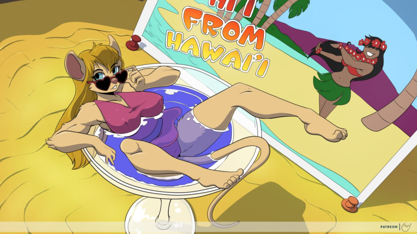16:9 2019 5_toes alcohol anthro barefoot beverage bikini biped black_eyebrows blue_eyes breasts brown_fur brown_hair brown_tail buckteeth chip_'n_dale_rescue_rangers clothed clothing cocktail digital_media_(artwork) disney eyebrows eyelashes eyewear feet female fur gadget_hackwrench hair high-angle_view humanoid_feet long_hair mammal micro mouse murid murine partially_submerged pink_nose plantigrade postcard reclining rodent solo sunglasses swimwear teeth toes yawg