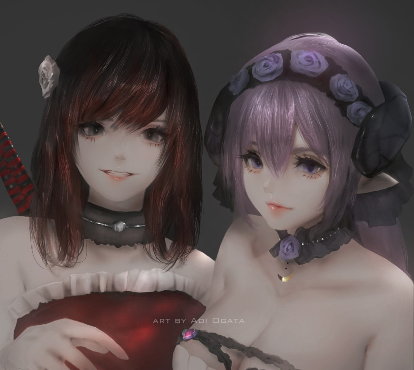 2girls aoi_ogata bangs bare_shoulders black_eyes black_hair breasts cleavage collarbone commentary commission crescent dress english_commentary eyebrows_behind_hair flower frilled_dress frills gradient_hair grey_background grin hair_between_eyes hair_flower hair_ornament long_hair looking_at_viewer medium_breasts multicolored_hair multiple_girls original purple_eyes purple_flower purple_hair purple_rose red_dress red_hair rose simple_background smile strapless strapless_dress white_flower white_rose