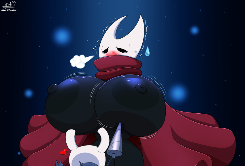 absurd_res areola arthropod big_areola big_breasts black_areola black_nipples black_skin blush breasts clothing cornchip21 cricket-inc duo female hi_res hollow_knight hornet_(hollow_knight) huge_breasts hyper hyper_breasts insect male melee_weapon nipples protagonist_(hollow_knight) simple_background sweat vessel_(species) video_games weapon