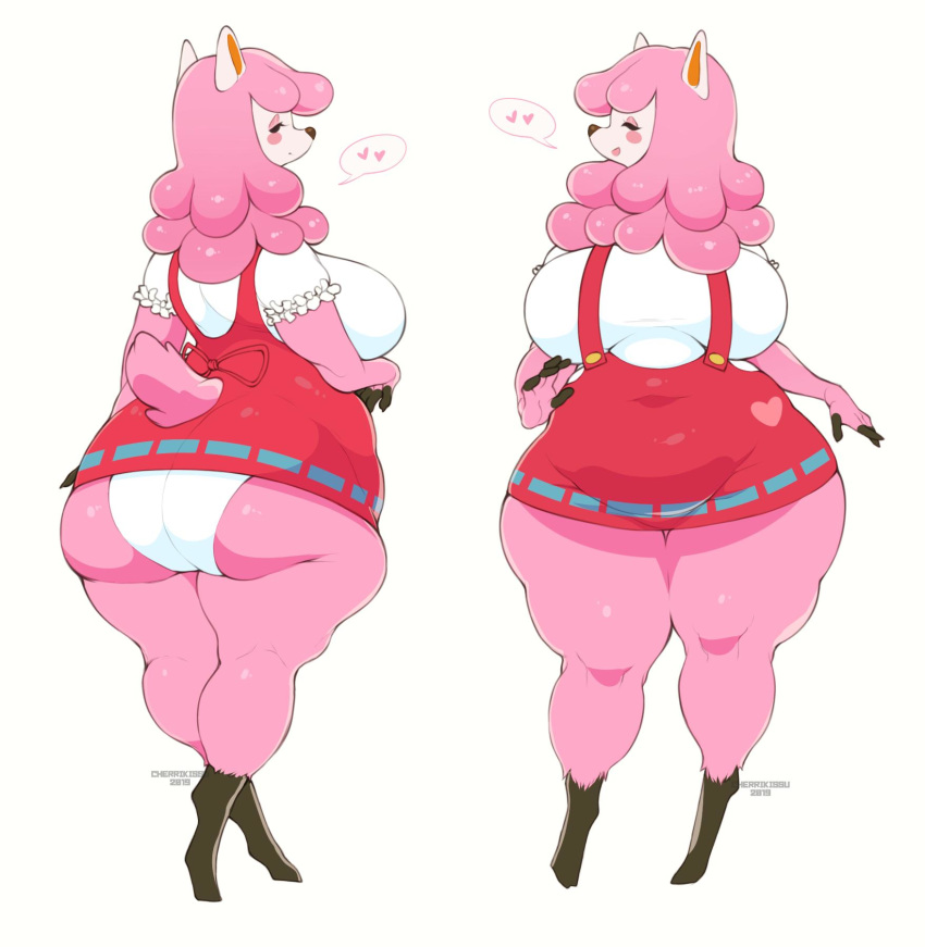 &lt;3 alpaca animal_crossing anthro belly big_breasts big_butt blush blush_stickers breasts butt camelid cherrikissu clothing curvaceous eyelashes eyes_closed female front_view fur hair hi_res looking_back mammal nintendo panties pink_fur pink_hair rear_view reese_(animal_crossing) shirt simple_background slightly_chubby smile suspenders thick_thighs topwear underwear video_games voluptuous white_background