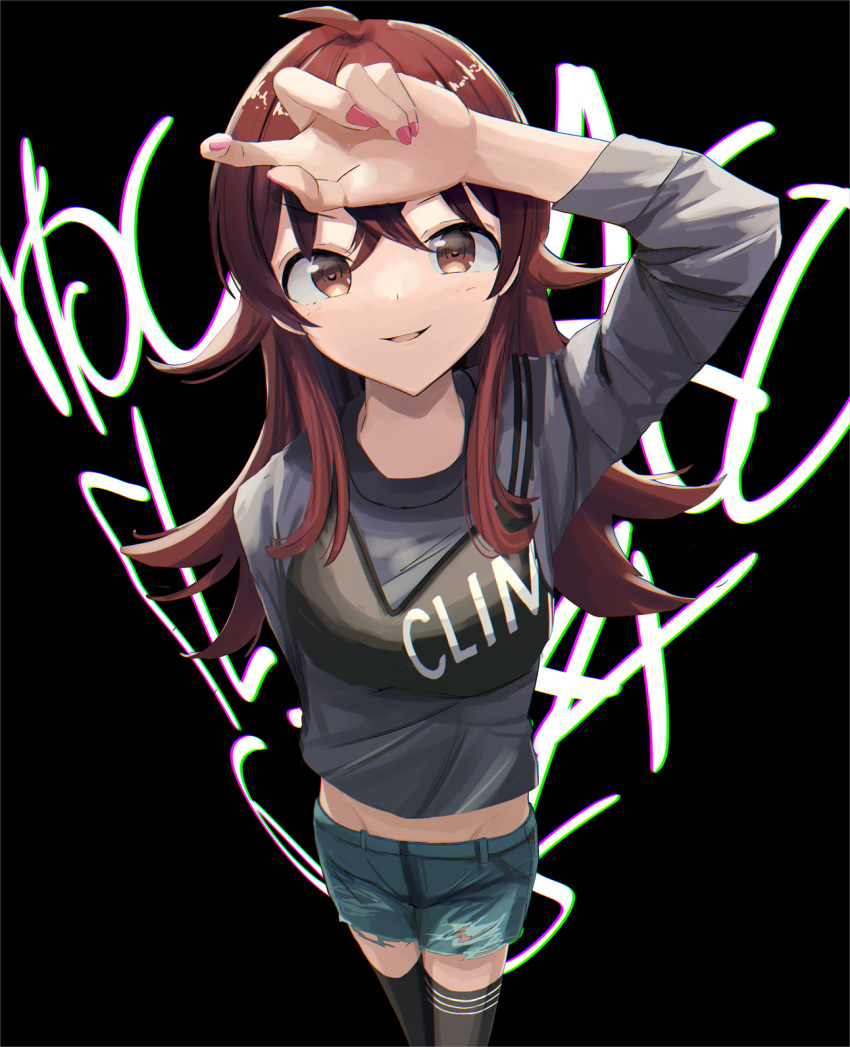 1girl ahoge black_legwear brown_eyes brown_hair chromatic_aberration commentary doran_(dorannomai) hair_between_eyes highres idolmaster idolmaster_shiny_colors komiya_kaho long_hair long_sleeves looking_at_viewer nail_polish short_shorts shorts solo thighhighs torn_clothes torn_shorts