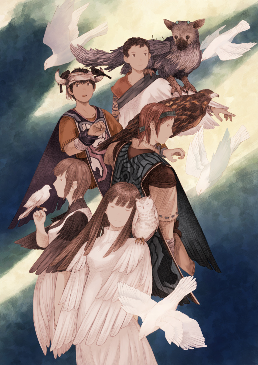 bird breasts closed_mouth commentary_request dress highres horns ico ico_(character) long_hair maekakekamen mono multiple_boys multiple_girls owl shadow_of_the_colossus short_hair tabard the_boy_(the_last_guardian) the_last_guardian trico_(character) wander yorda