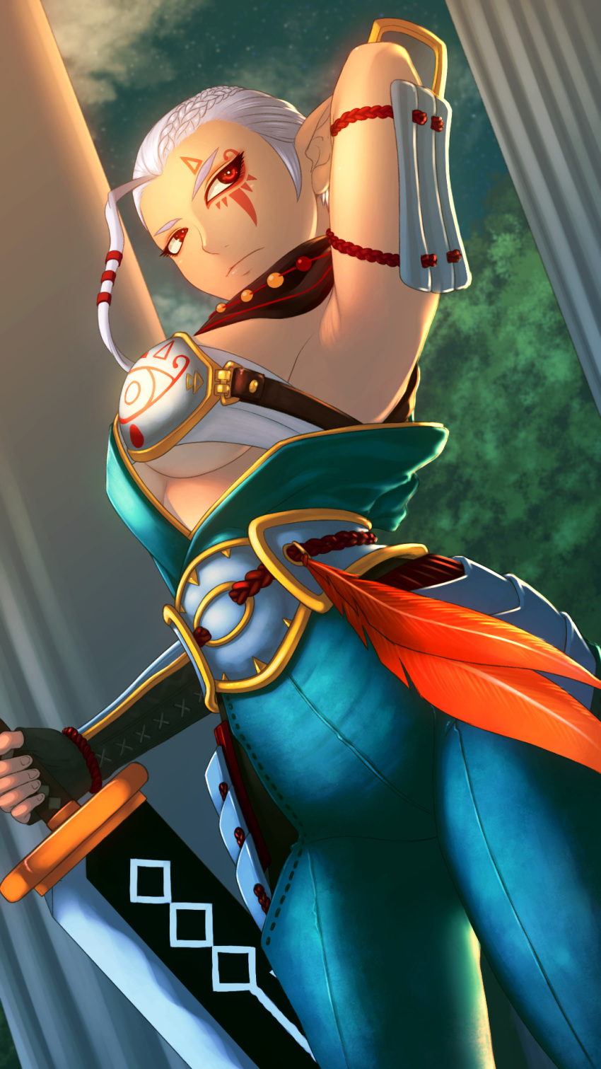 1girl ahoge arm_up armpits braid breasts commentary_request dark_skin eyelashes eyeliner facial_tattoo faulds french_braid from_below highres holding holding_sword holding_weapon huge_ahoge impa makeup medium_breasts muneate night planted_weapon pointy_ears red_eyes reverse_grip rimviolet sarashi shoulder_armor solo sword tattoo the_legend_of_zelda underwear weapon zelda_musou