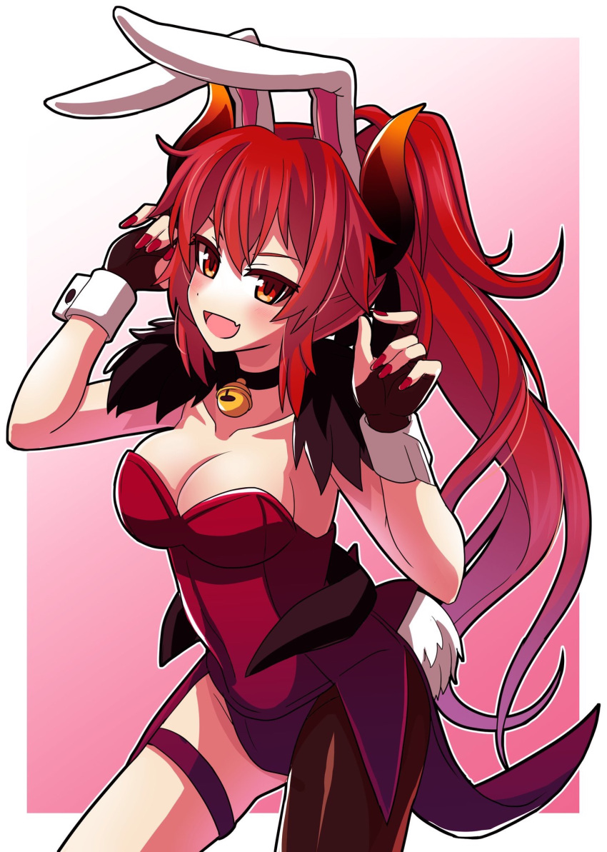 1girl animal_ears asymmetrical_legwear bell bell_choker black_choker blush breasts bunny_ears bunnysuit choker cleavage commentary cowboy_shot dola_(nijisanji) dragon_girl dragon_horns fake_animal_ears fingerless_gloves gloves gradient gradient_background hands_in_hair highres horns large_breasts leotard long_hair looking_at_viewer nail_polish nijisanji open_mouth pink_background ponytail red_eyes red_hair red_leotard red_nails smile solo standing tanakara thigh_strap thighs virtual_youtuber wrist_cuffs