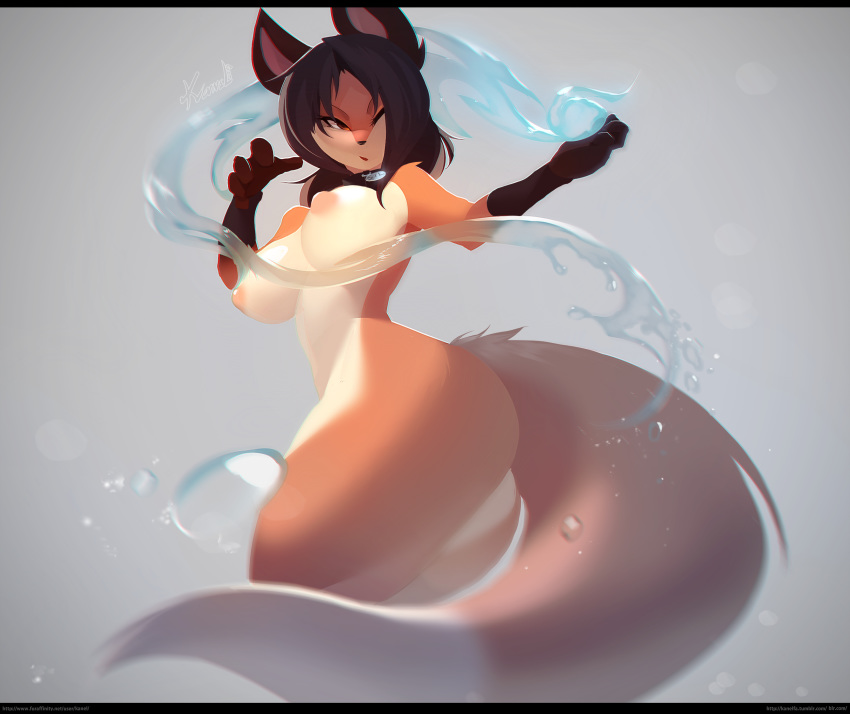 1girl animal_ears black_fur black_hair breasts collar commentary dog_tags element_bending english_commentary fox_ears fox_girl fox_tail furry highres kanel large_breasts letterboxed looking_back medium_hair nude one_eye_closed orange_fur original puffy_nipples snout solo tail thick_thighs thighs water watermark web_address