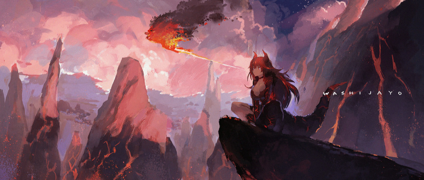 breasts breathing_fire canyon cleavage collar commentary_request dola_(nijisanji) dragon_girl dragon_tail fire hair_between_eyes horns kitsune_(kazenouta) large_breasts long_hair molten_rock mountain nijisanji red_eyes red_hair red_theme scenery sidelocks sitting smoke tail very_long_hair virtual_youtuber volcano