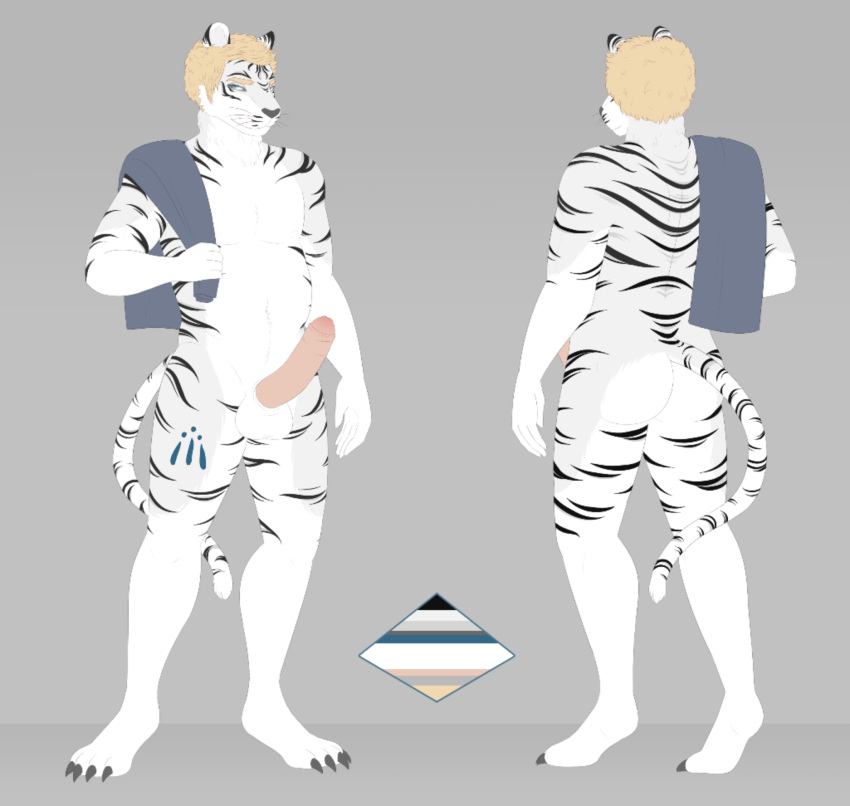 blonde_hair blue_eyes felid feline hair hi_res invalid_color male mammal model_sheet nude pantherine penis siberian_tiger smile smirk stripes tattoo tiger towel uncut