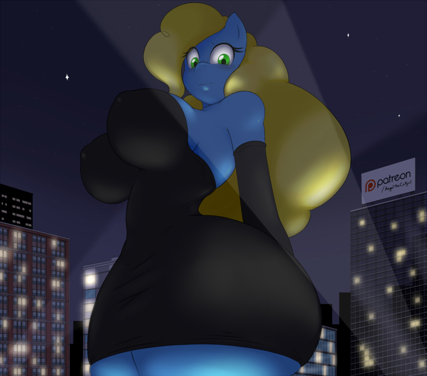 angelthecatgirl anthro big_breasts breasts city clothing dress equid equine fan_character female horse huge_breasts macro mammal my_little_pony night pixie_(character) pony solo star