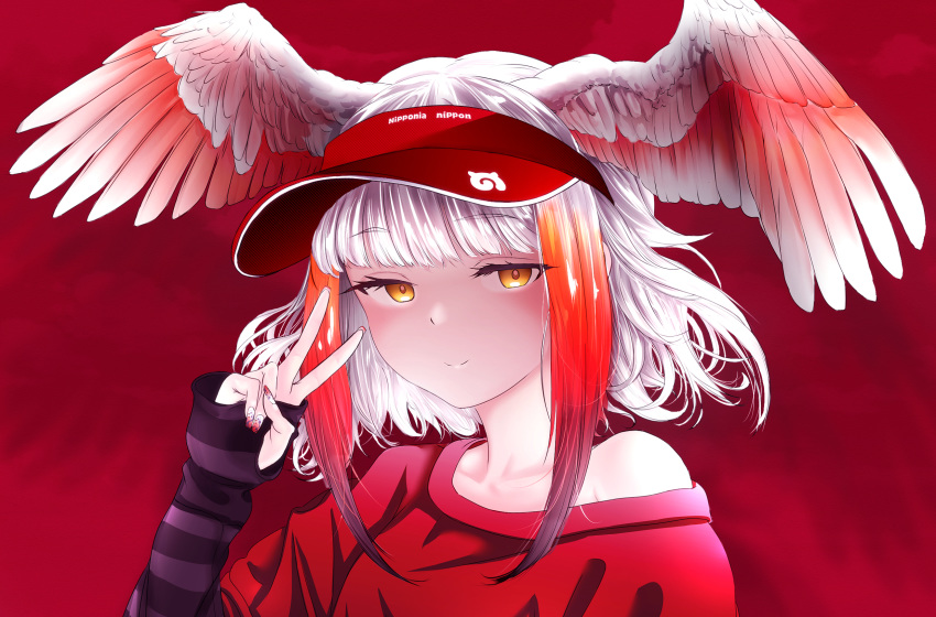 1girl akegata_tobari alternate_costume bangs bare_shoulders bird_wings closed_mouth collarbone commentary_request contemporary eyebrows_visible_through_hair fingernails half-closed_eyes hand_up head_wings highres japanese_crested_ibis_(kemono_friends) japari_symbol kemono_friends long_sleeves looking_at_viewer medium_hair multicolored_hair off_shoulder orange_hair red_hair shiny shiny_hair short_over_long_sleeves short_sleeves sidelocks smile solo spread_wings sweater upper_body v visor_cap white_hair wings yellow_eyes